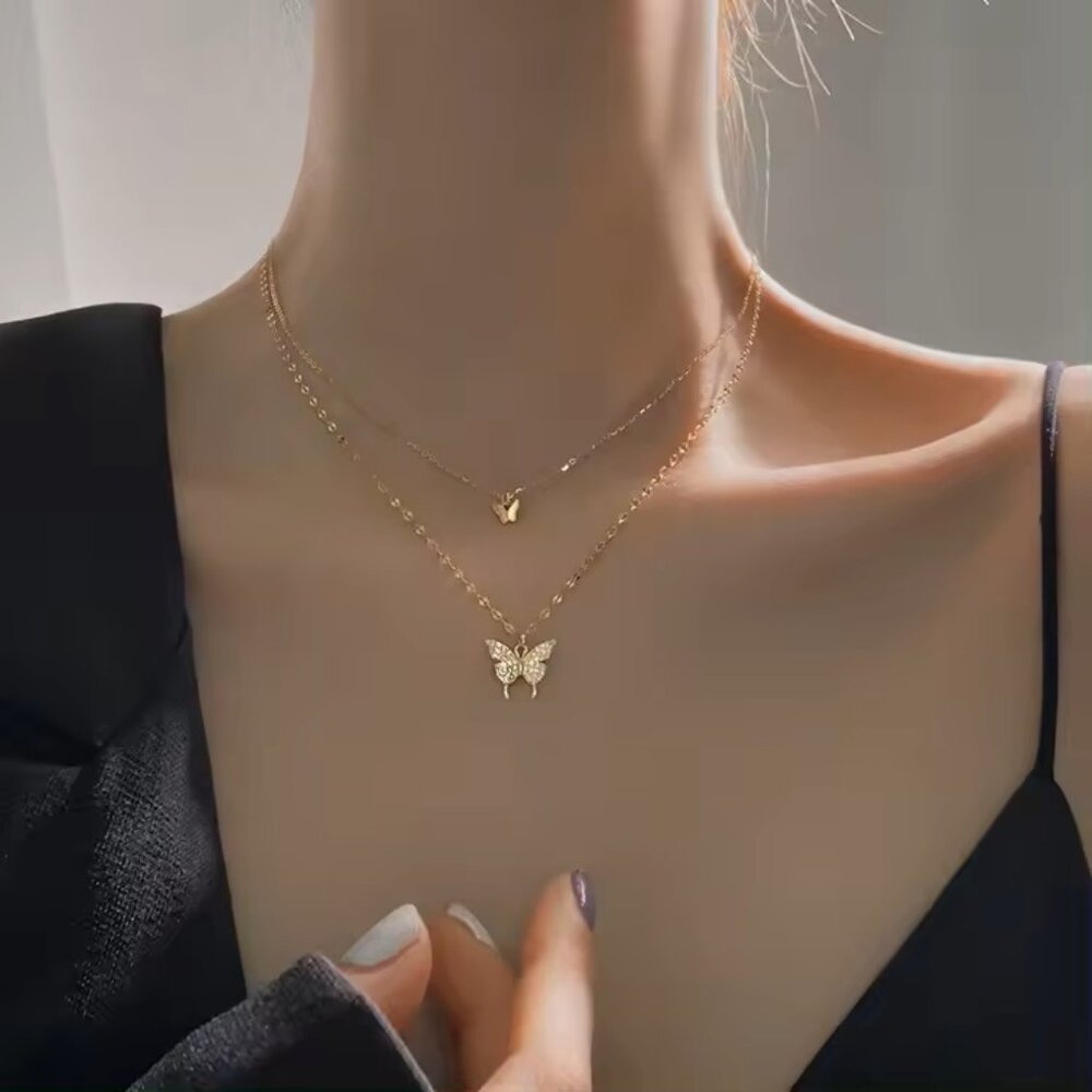 Large and Small Butterfly Necklace 18K Yellow Gold over 925 Sterling Silver
